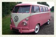 1962 VW Splitscreen Camper Van in Dusky Pink and Ivory exterior.